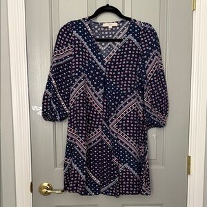 LOFT Navy Patterned Mini Dress with Pink & White Accents